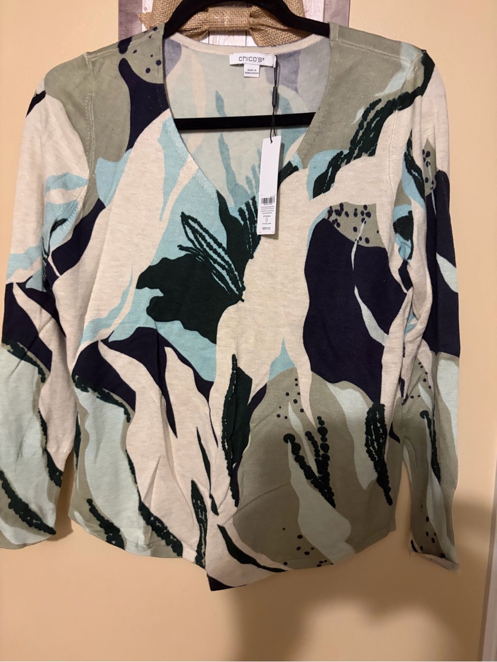Chico's Cream, Navy & Sage Abstract V-Neck Knit Top